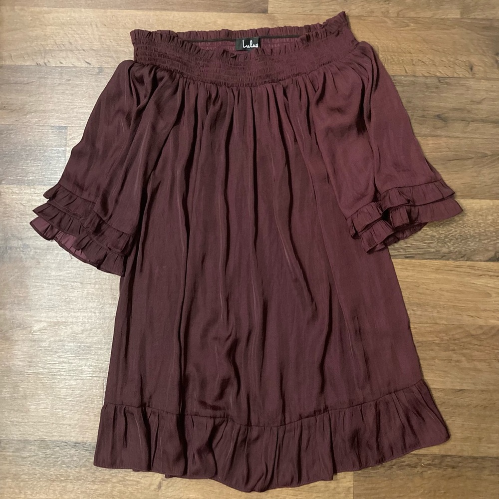 Lulu’s Purple Satin Off Shoulder Dress